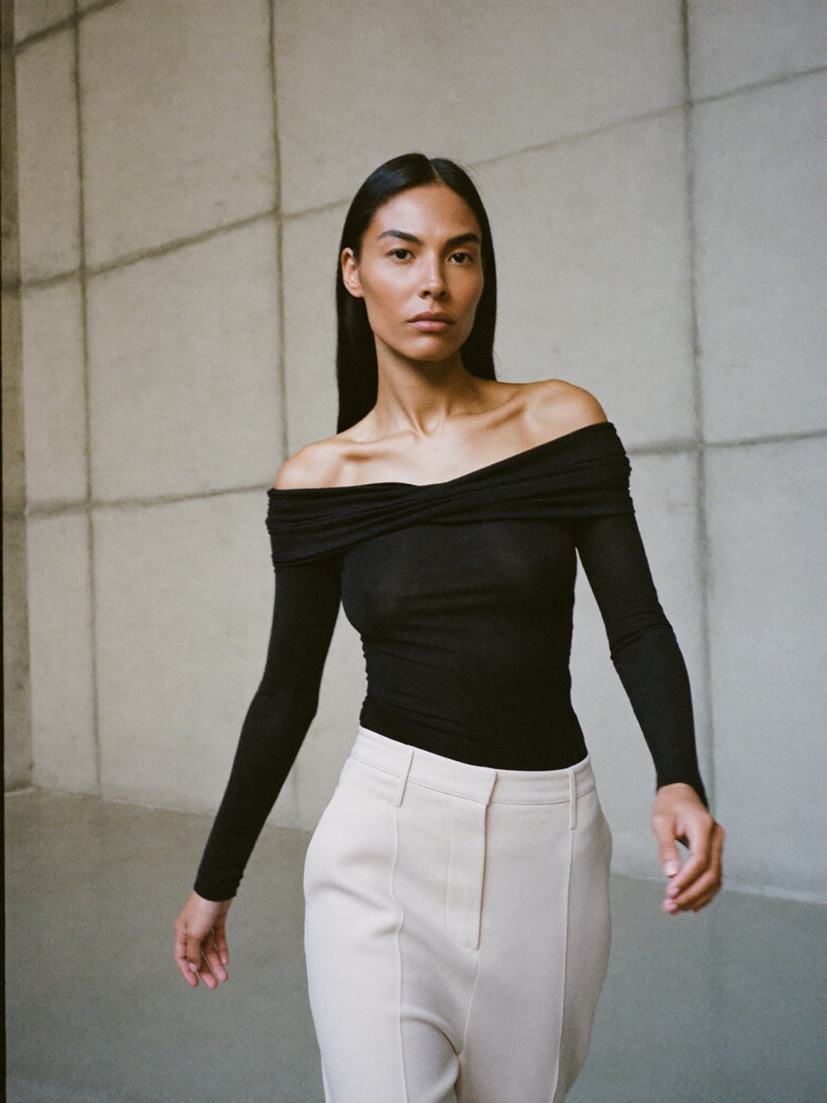 Saskia Off-Shoulder Top in Black, worn on location