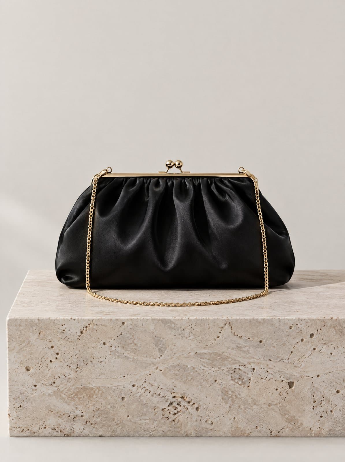Selene Satin Clutch in Black, front view
