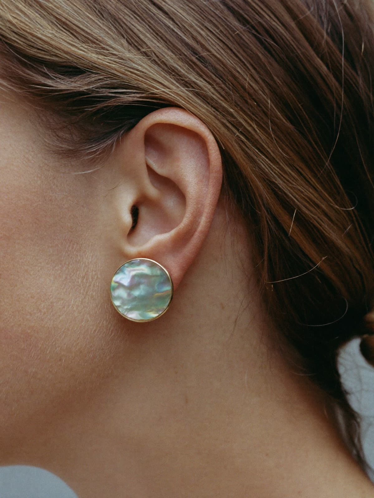 Shell Mother-of-Pearl Studs in Gold, worn