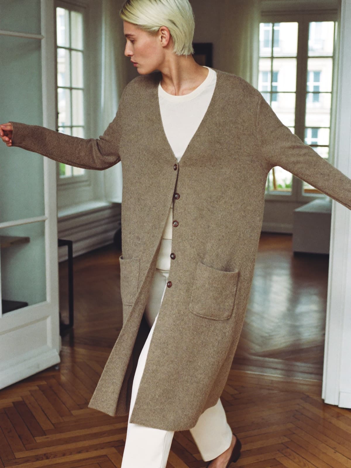 Signe Alpaca Cardigan in Oat, worn on location