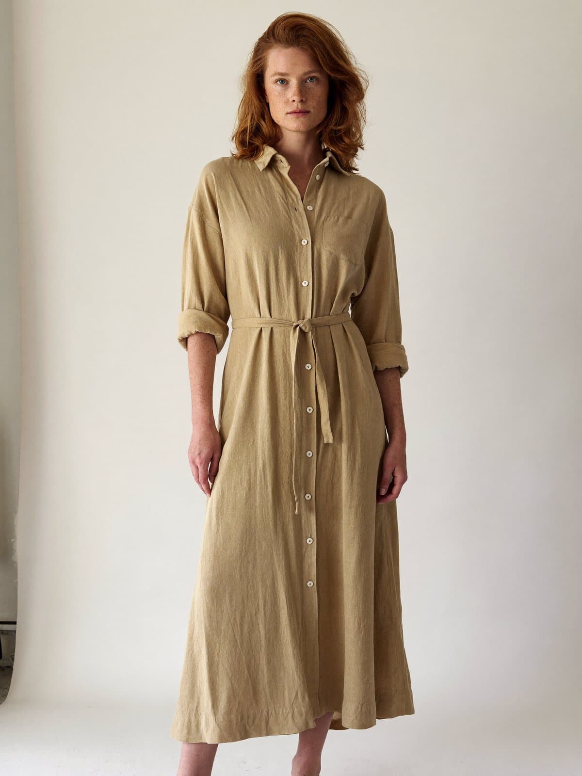 Solenne Shirt Dress in Sand, front view
