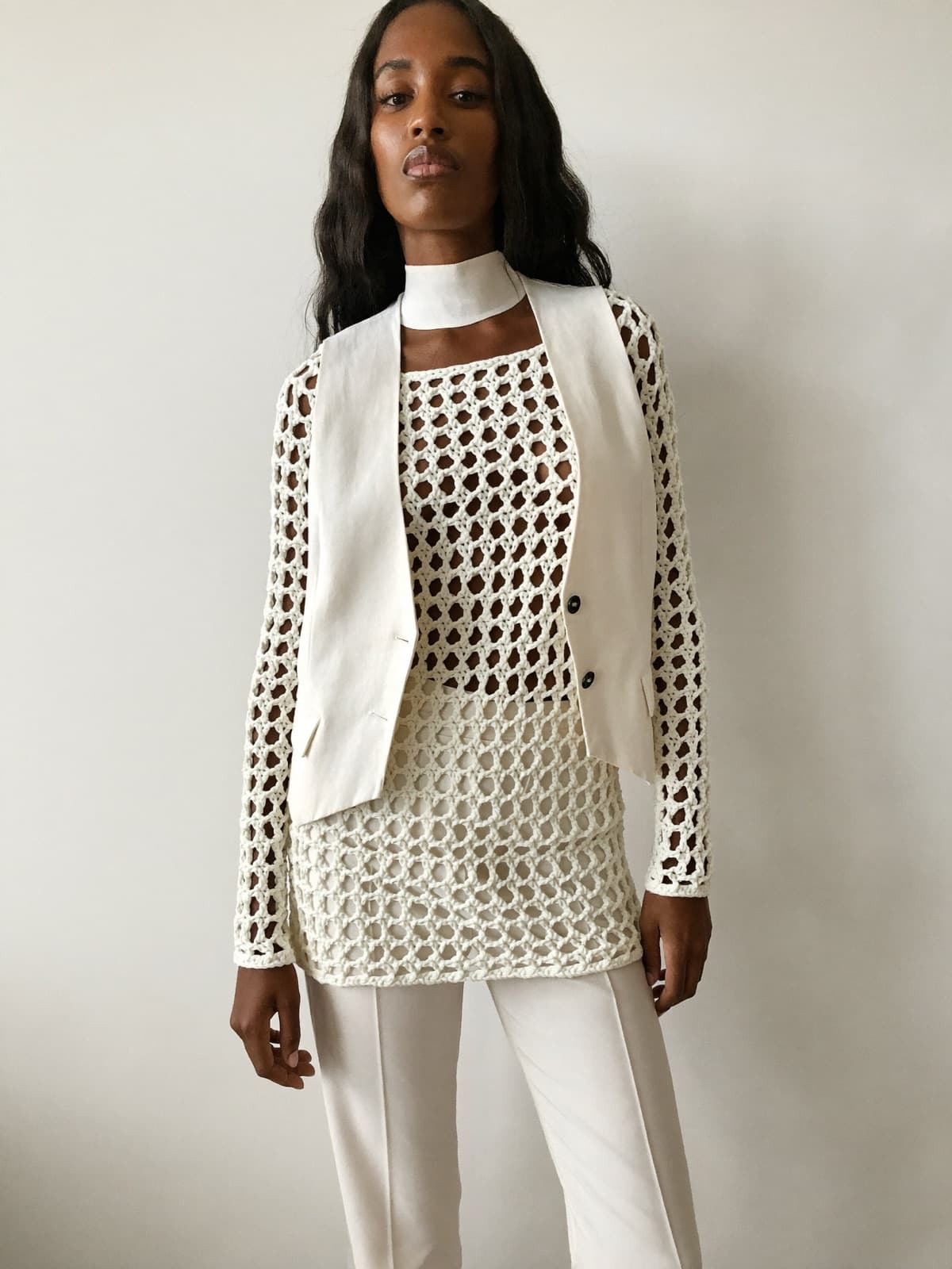 Tilda Crochet Jumper in Chalk, front view