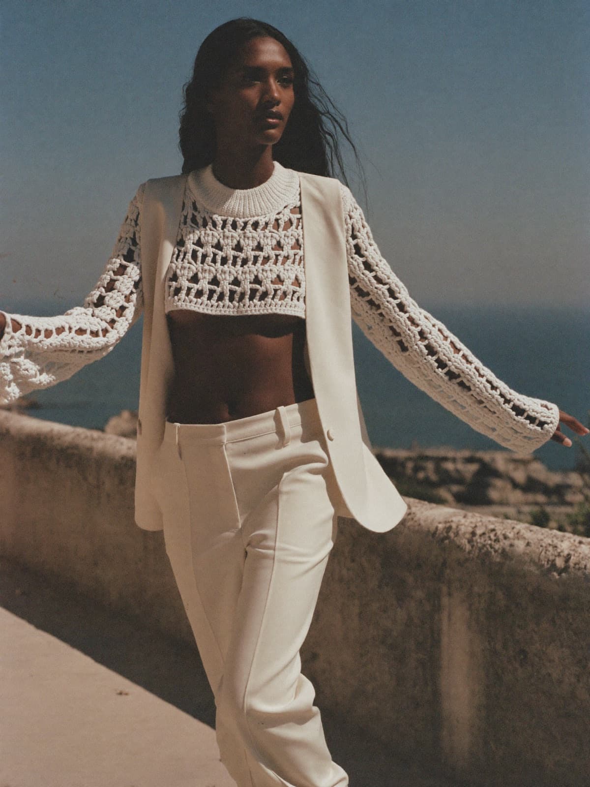 Tilda Crochet Jumper in Chalk, worn on location