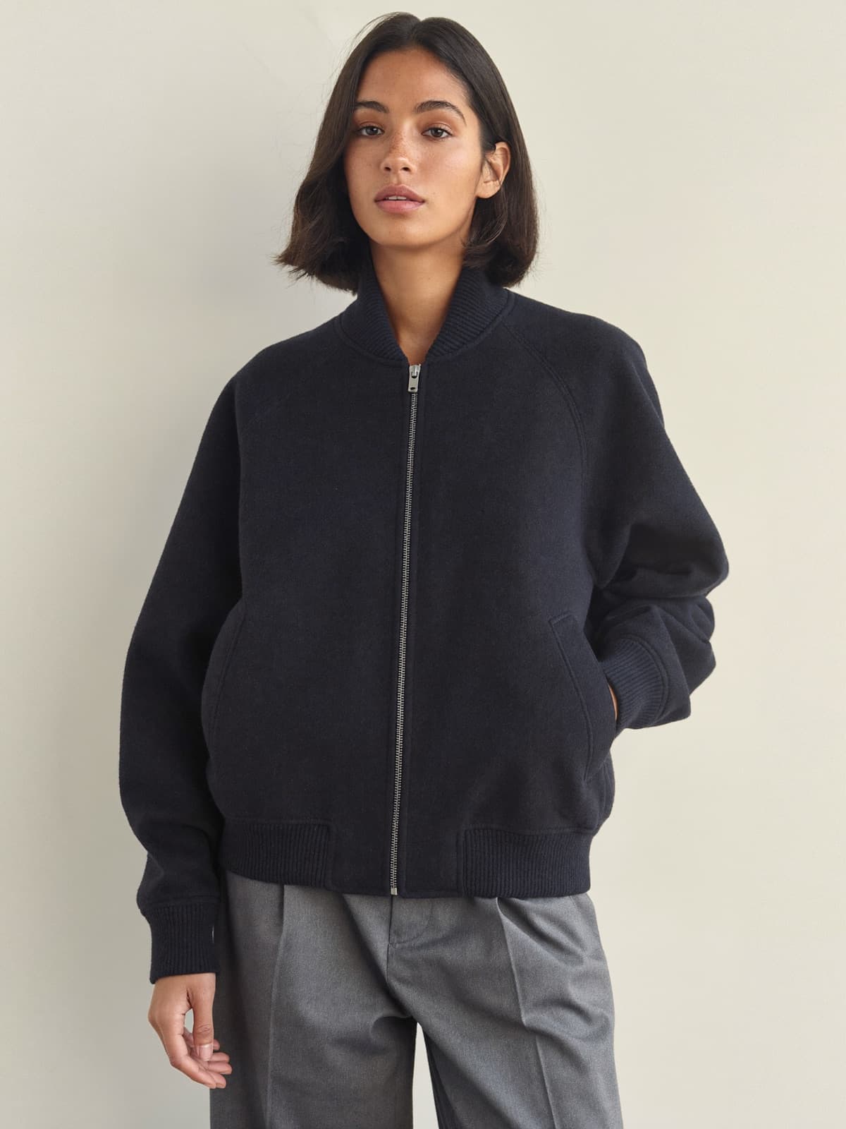 Tova Wool Bomber in Navy, front view