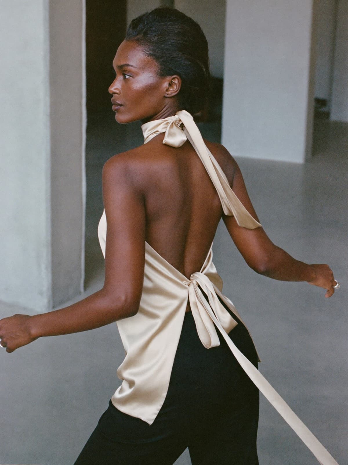 Uma Halter Top in Champagne, worn on location