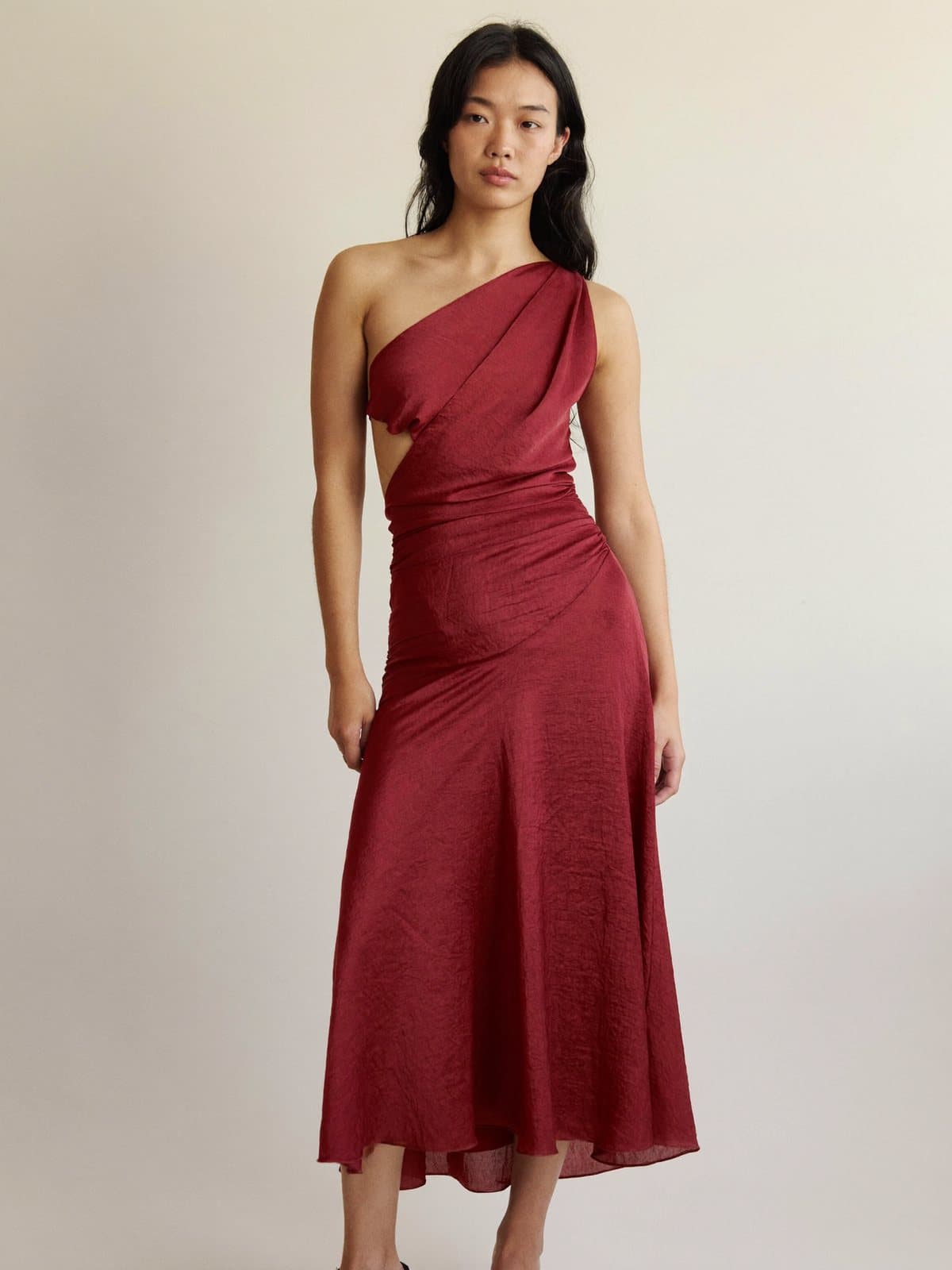 Vespera Draped Dress in Oxblood, front view