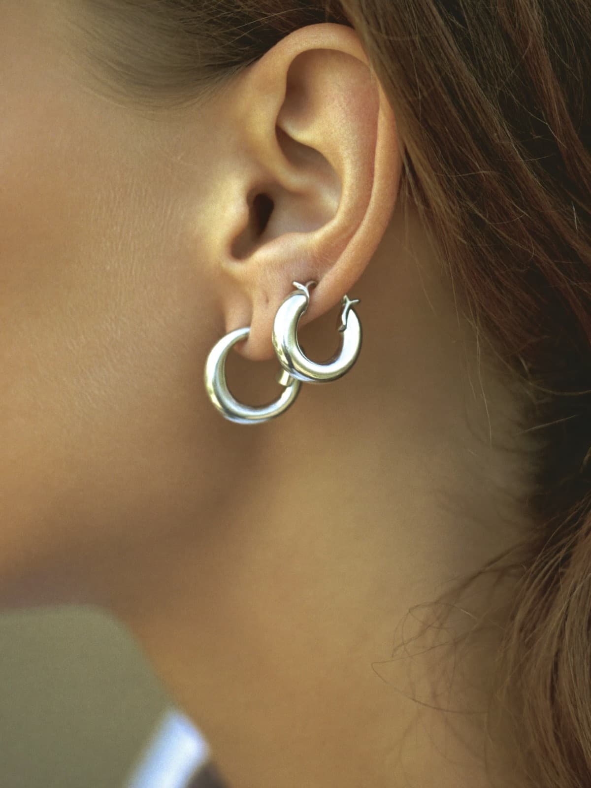 Wave Small Hoops in Silver, worn