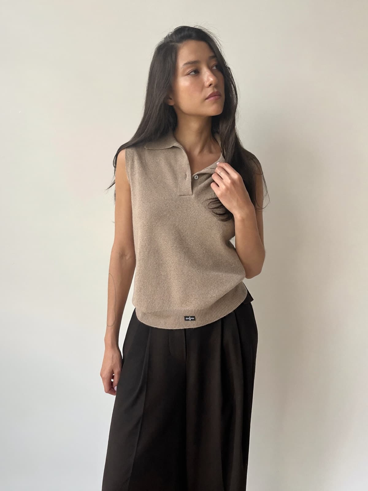 Xenia Polo Vest in Sand, front view