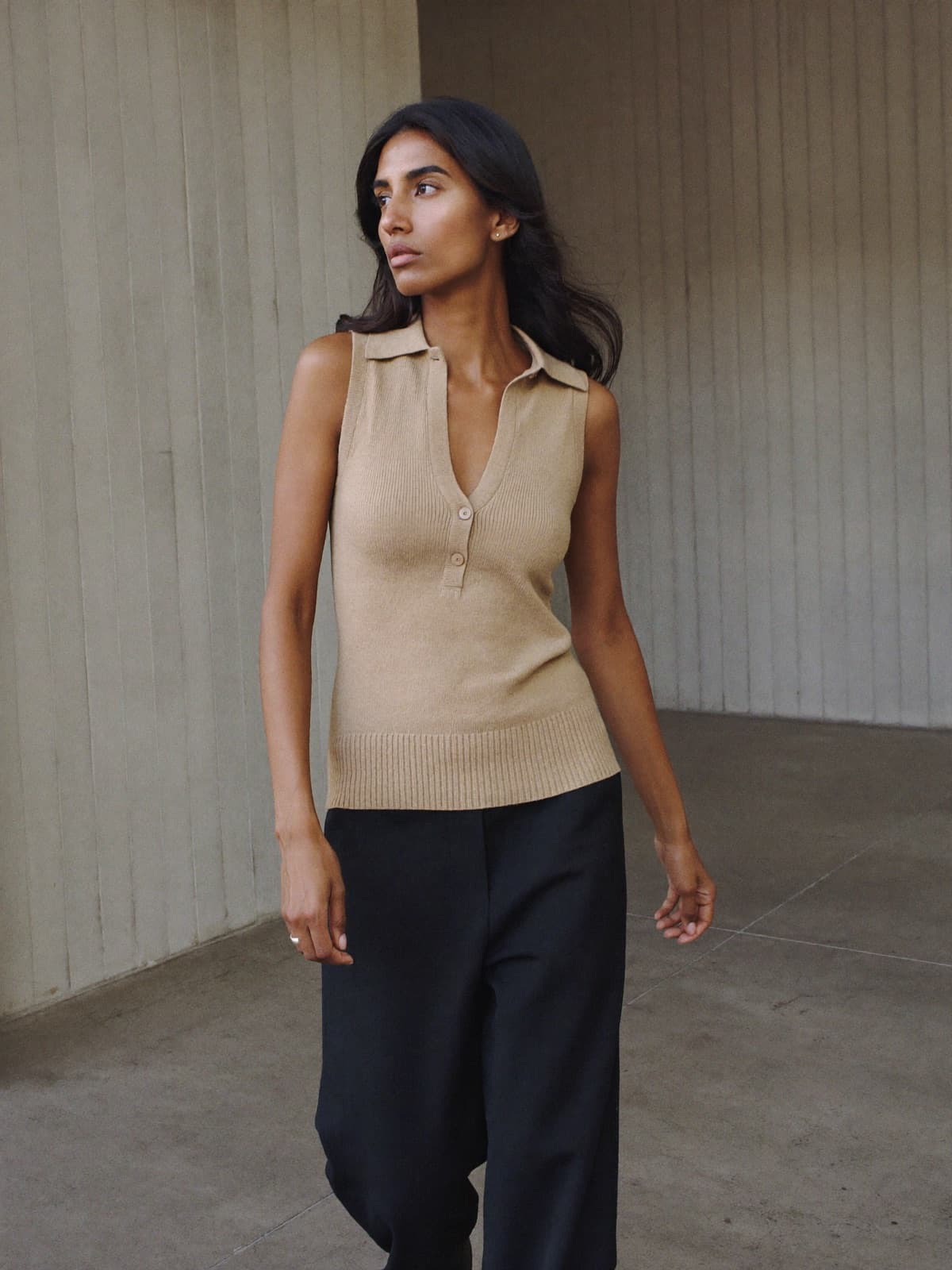 Xenia Polo Vest in Sand, worn on location