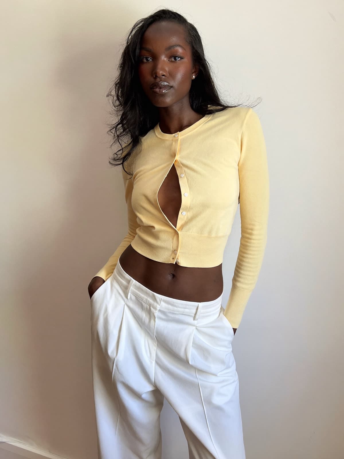 Yara Cardigan Top in Butter Yellow, front view